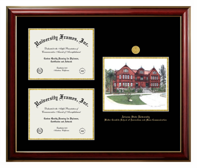 Arizona State University Walter Cronkite School of Journalism and Mass Communication Triple Opening with Campus Image Frame in Classic Mahogany with Gold Trim with Black & Gold Mats for document: 8 1/2"h x 11"w  , document: 8 1/2"h x 11"w  