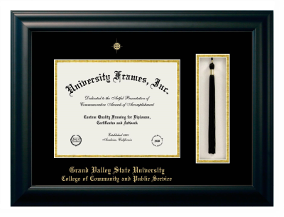 Grand Valley State University College of Community and Public Service Diploma with Tassel Box Frame in Satin Black with Black & Gold Mats for document: 8 1/2"h x 11"w  