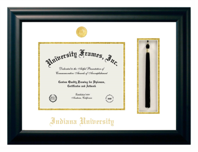 Indiana University Diploma with Tassel Box Frame in Satin Black with White & Gold Mats for document: 8 1/2"h x 11"w  