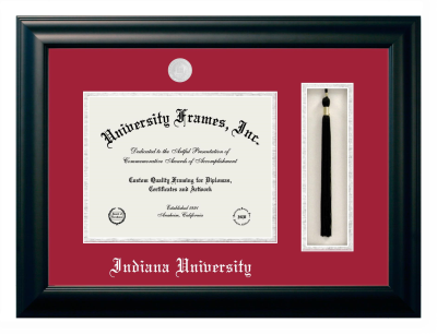 Indiana University Diploma with Tassel Box Frame in Satin Black with Crimson & Silver Mats for document: 8 1/2"h x 11"w  