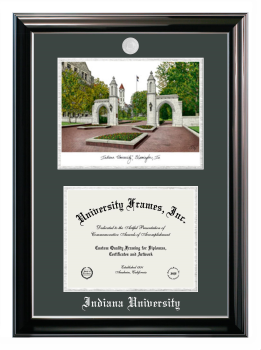 Indiana University Double Opening with Campus Image (Stacked) Frame in Classic Ebony with Silver Trim with Forest Green & Silver Mats for document: 8 1/2"h x 11"w  