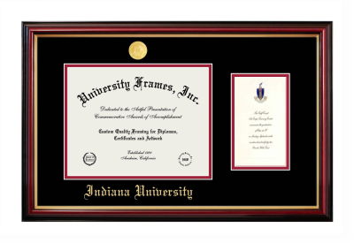 Indiana University Diploma with Announcement Frame in Petite Mahogany with Gold Trim with Black & Crimson Mats for document: 8 1/2"h x 11"w  , diploma: 7"h x 4"w  