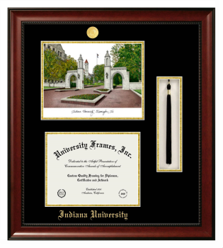Indiana University Double Opening with Campus Image & Tassel Box (Stacked) Frame in Avalon Mahogany with Black & Gold Mats for document: 8 1/2"h x 11"w  