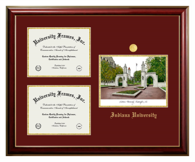 Indiana University Triple Opening with Campus Image Frame in Classic Mahogany with Gold Trim with Maroon & Gold Mats for document: 8 1/2"h x 11"w  , document: 8 1/2"h x 11"w  