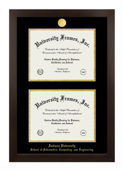 Indiana University School of Informatics, Computing, and Engineering Double Diploma Frame in Manhattan Espresso with Black & Gold Mats for document: 8 1/2"h x 11"w  , document: 8 1/2"h x 11"w  