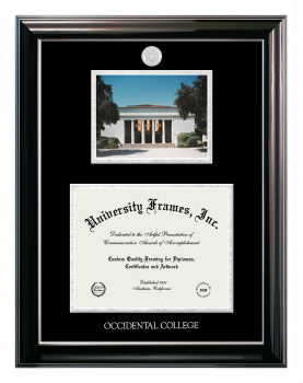 Occidental College Double Opening with Campus Image (Stacked) Frame in Classic Ebony with Silver Trim with Black & Silver Mats for document: 8 1/2"h x 11"w  
