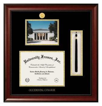 Occidental College Double Opening with Campus Image & Tassel Box (Stacked) Frame in Avalon Mahogany with Black & Gold Mats for document: 8 1/2"h x 11"w  