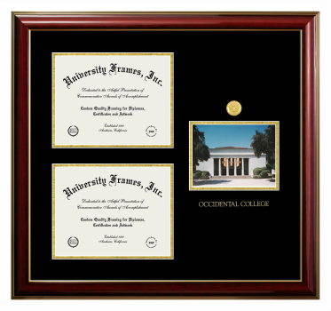 Occidental College Triple Opening with Campus Image Frame in Classic Mahogany with Gold Trim with Black & Gold Mats for document: 8 1/2"h x 11"w  , document: 8 1/2"h x 11"w  