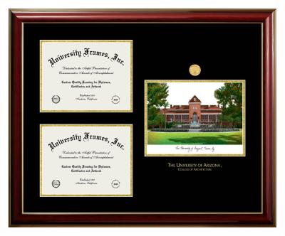 University of Arizona College of Architecture Triple Opening with Campus Image Frame in Classic Mahogany with Gold Trim with Black & Gold Mats for document: 8 1/2"h x 11"w  , document: 8 1/2"h x 11"w  