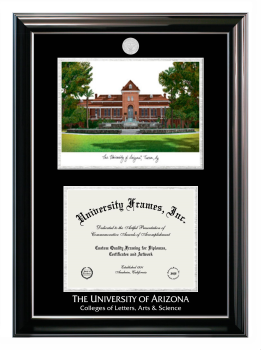 University of Arizona Colleges of Letters, Arts and Science Double Opening with Campus Image (Stacked) Frame in Classic Ebony with Silver Trim with Black & Silver Mats for document: 8 1/2"h x 11"w  