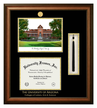University of Arizona Colleges of Letters, Arts and Science Double Opening with Campus Image & Tassel Box (Stacked) Frame in Satin Walnut with Black & Gold Mats for document: 8 1/2"h x 11"w  