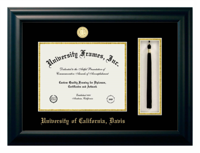 University of California Davis Diploma with Tassel Box Frame in Satin Black with Black & Gold Mats for document: 8 1/2"h x 11"w  