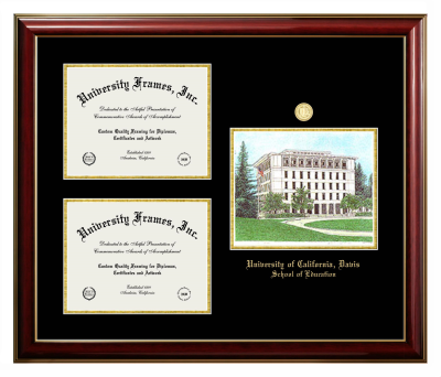 University of California Davis School of Education Triple Opening with Campus Image Frame in Classic Mahogany with Gold Trim with Black & Gold Mats for document: 8 1/2"h x 11"w  , document: 8 1/2"h x 11"w  