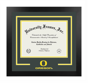 University of Oregon School of Architecture and Allied Arts Logo Mat Frame in Manhattan Black with Forest Green & Yellow Mats for document: 8 1/2"h x 11"w  