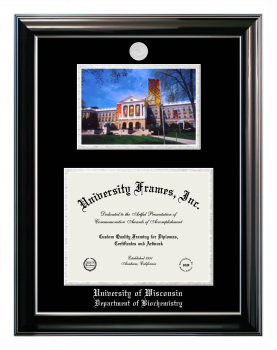 University of Wisconsin (Madison) Department of Biochemistry Double Opening with Campus Image (Stacked) Frame in Classic Ebony with Silver Trim with Black & Silver Mats for document: 8 1/2"h x 11"w  