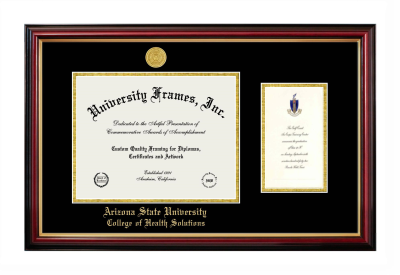 Arizona State University College of Health Solutions Diploma with Announcement Frame in Petite Mahogany with Gold Trim with Black & Gold Mats for document: 8 1/2"h x 11"w  , diploma: 7"h x 4"w  