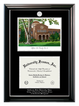 California State University, Chico College of Engineering, Computer Science and Construction Management Double Opening with Campus Image (Stacked) Frame in Classic Ebony with Silver Trim with Black & Silver Mats for document: 8 1/2"h x 11"w  