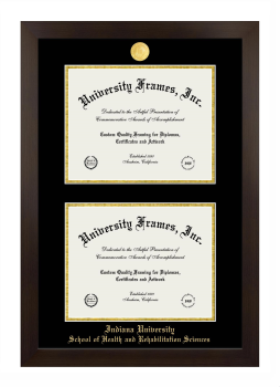 Indiana University School of Health and Rehabilitation Sciences Double Diploma Frame in Manhattan Espresso with Black & Gold Mats for document: 8 1/2"h x 11"w  , document: 8 1/2"h x 11"w  