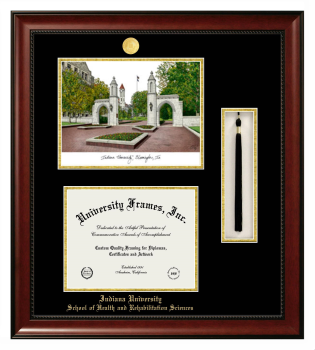 Indiana University School of Health and Rehabilitation Sciences Double Opening with Campus Image & Tassel Box (Stacked) Frame in Avalon Mahogany with Black & Gold Mats for document: 8 1/2"h x 11"w  