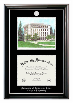 University of California Davis College of Engineering Double Opening with Campus Image (Stacked) Frame in Classic Ebony with Silver Trim with Black & Silver Mats for document: 8 1/2"h x 11"w  