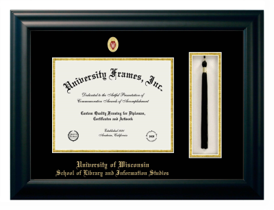 University of Wisconsin (Madison) School of Library and Information Studies Diploma with Tassel Box Frame in Satin Black with Black & Gold Mats for document: 8 1/2"h x 11"w  