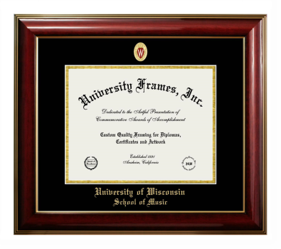 University of Wisconsin (Madison) School of Music Diploma Frame in Classic Mahogany with Gold Trim with Black & Gold Mats for document: 8 1/2"h x 11"w  