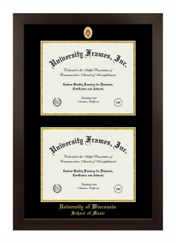 University of Wisconsin (Madison) School of Music Double Diploma Frame in Manhattan Espresso with Black & Gold Mats for document: 8 1/2"h x 11"w  , document: 8 1/2"h x 11"w  