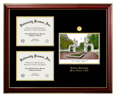 Indiana University Maurer School of Law Triple Opening with Campus Image Frame in Classic Mahogany with Gold Trim with Black & Gold Mats for document: 8 1/2"h x 11"w  , document: 8 1/2"h x 11"w  