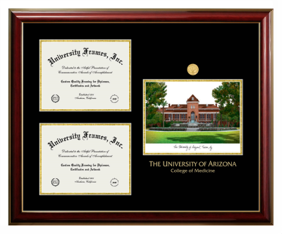 University of Arizona College of Medicine Triple Opening with Campus Image Frame in Classic Mahogany with Gold Trim with Black & Gold Mats for document: 8 1/2"h x 11"w  , document: 8 1/2"h x 11"w  