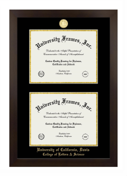 University of California Davis College of Letters & Science Double Diploma Frame in Manhattan Espresso with Black & Gold Mats for document: 8 1/2"h x 11"w  , document: 8 1/2"h x 11"w  