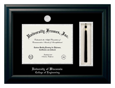 University of Wisconsin (Madison) College of Engineering Diploma with Tassel Box Frame in Satin Black with Black & Silver Mats for document: 8 1/2"h x 11"w  