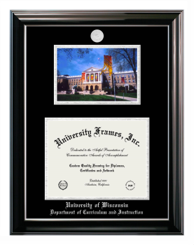 University of Wisconsin (Madison) Department of Curriculum and Instruction Double Opening with Campus Image (Stacked) Frame in Classic Ebony with Silver Trim with Black & Silver Mats for document: 8 1/2"h x 11"w  