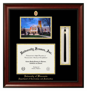 University of Wisconsin (Madison) Department of Curriculum and Instruction Double Opening with Campus Image & Tassel Box (Stacked) Frame in Avalon Mahogany with Black & Gold Mats for document: 8 1/2"h x 11"w  
