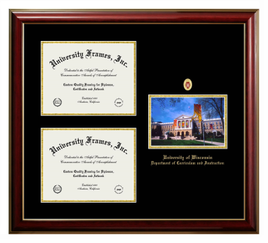 University of Wisconsin (Madison) Department of Curriculum and Instruction Triple Opening with Campus Image Frame in Classic Mahogany with Gold Trim with Black & Gold Mats for document: 8 1/2"h x 11"w  , document: 8 1/2"h x 11"w  