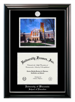 University of Wisconsin (Madison) School of Education Double Opening with Campus Image (Stacked) Frame in Classic Ebony with Silver Trim with Black & Silver Mats for document: 8 1/2"h x 11"w  