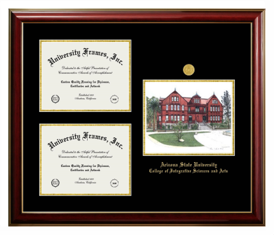 Arizona State University College of Integrative Sciences and Arts Triple Opening with Campus Image Frame in Classic Mahogany with Gold Trim with Black & Gold Mats for document: 8 1/2"h x 11"w  , document: 8 1/2"h x 11"w  
