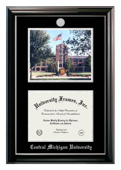Central Michigan University Double Opening with Campus Image (Stacked) Frame in Classic Ebony with Silver Trim with Black & Silver Mats for document: 8 1/2"h x 11"w  