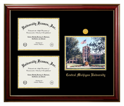 Central Michigan University Triple Opening with Campus Image Frame in Classic Mahogany with Gold Trim with Black & Gold Mats for document: 8 1/2"h x 11"w  , document: 8 1/2"h x 11"w  