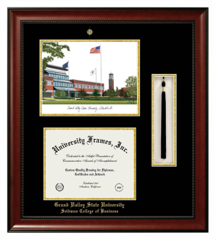 Grand Valley State University Seidman College of Business Double Opening with Campus Image & Tassel Box (Stacked) Frame in Avalon Mahogany with Black & Gold Mats for document: 8 1/2"h x 11"w  