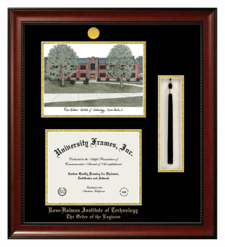 Rose-Hulman Institute of Technology The Order of the Engineer Double Opening with Campus Image & Tassel Box (Stacked) Frame in Avalon Mahogany with Black & Gold Mats for document: 8 1/2"h x 11"w  