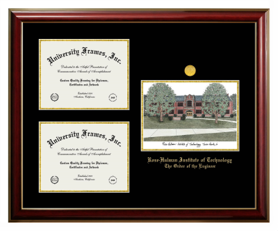 Rose-Hulman Institute of Technology The Order of the Engineer Triple Opening with Campus Image Frame in Classic Mahogany with Gold Trim with Black & Gold Mats for document: 8 1/2"h x 11"w  , document: 8 1/2"h x 11"w  