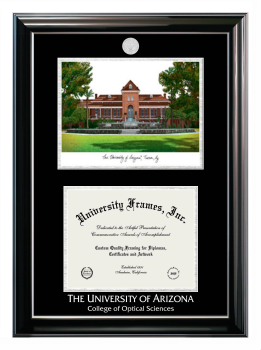 University of Arizona College of Optical Sciences Double Opening with Campus Image (Stacked) Frame in Classic Ebony with Silver Trim with Black & Silver Mats for document: 8 1/2"h x 11"w  
