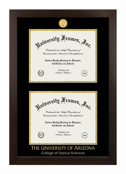 University of Arizona College of Optical Sciences Double Diploma Frame in Manhattan Espresso with Black & Gold Mats for document: 8 1/2"h x 11"w  , document: 8 1/2"h x 11"w  