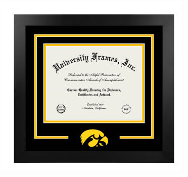 University of Iowa Carver College of Medicine Logo Mat Frame in Manhattan Black with Black & Amber Mats for document: 8 1/2"h x 11"w  