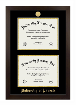University of Phoenix Double Diploma Frame in Manhattan Espresso with Black & Gold Mats for document: 8 1/2"h x 11"w  , document: 8 1/2"h x 11"w  