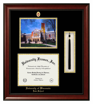 University of Wisconsin (Madison) Law School Double Opening with Campus Image & Tassel Box (Stacked) Frame in Avalon Mahogany with Black & Gold Mats for document: 8 1/2"h x 11"w  
