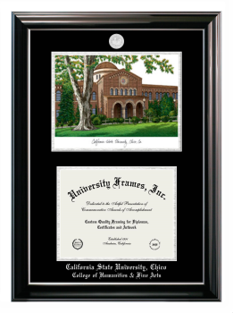 California State University, Chico College of Humanities & Fine Arts Double Opening with Campus Image (Stacked) Frame in Classic Ebony with Silver Trim with Black & Silver Mats for document: 8 1/2"h x 11"w  