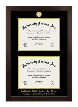 California State University, Chico College of Humanities & Fine Arts Double Diploma Frame in Manhattan Espresso with Black & Gold Mats for document: 8 1/2"h x 11"w  , document: 8 1/2"h x 11"w  