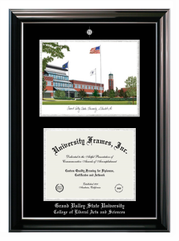 Grand Valley State University College of Liberal Arts and Sciences Double Opening with Campus Image (Stacked) Frame in Classic Ebony with Silver Trim with Black & Silver Mats for document: 8 1/2"h x 11"w  