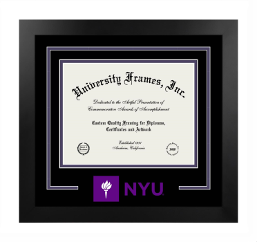New York University Abu Dhabi Logo Mat Frame in Manhattan Black with Black & Purple Mats for document: 8 1/2"h x 11"w  
